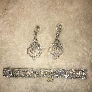 Rhinestone dangly earrings and choker necklace